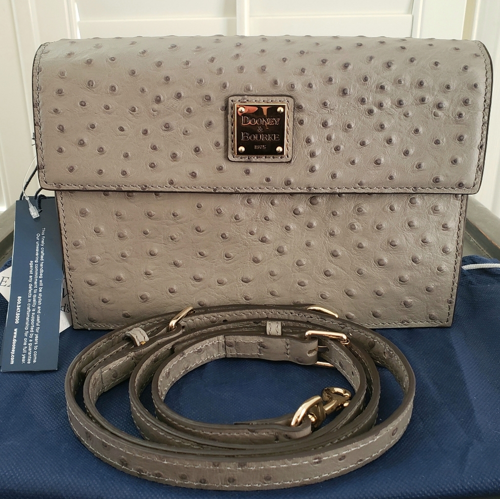 New Dooney and Bourke Grey Leather Ostrich East West Shoulder / Crossbody Bag